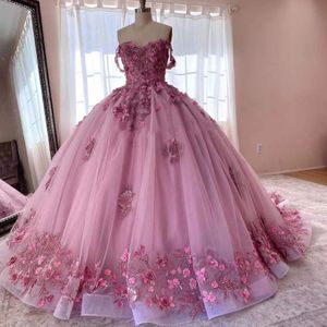 Nouvelles robes de quinceanera rose 3D appliques perles de paillettes chérie robes de balle à la main Vestidos de 15 anos