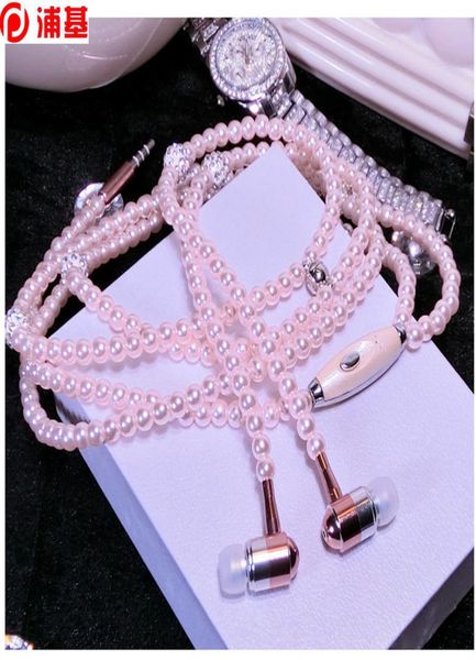Nuevos auriculares rosas con collar de perlas y diamantes de imitación con micrófono para iphone Xiaomi regalo de cumpleaños 2648142