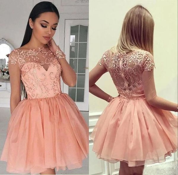 Nuevo tul rosa de manga larga, vestidos dulces 16, vestidos de fiesta de cóctel, apliques de encaje, minivestidos cortos de fiesta, batas de cóctel