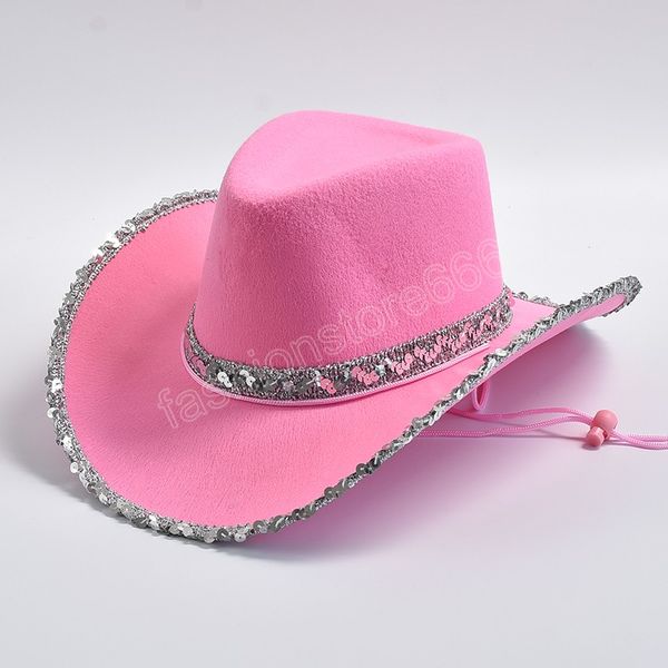 Nouveau chapeau de Cowboy rose à large bord pour femmes, casquette occidentale avec paillettes, robe de soirée pour filles, chapeaux de Jazz