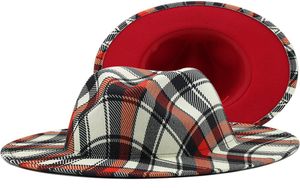Nieuwe plaid print jazz fedora hoed vrouwen rood fascinator top cap brim elegante kerk bruiloftshoed sombreros de mujer2867631
