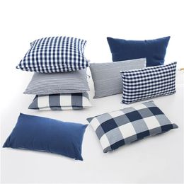 Nieuwe plaid gestreepte polyester katoenen canvas kussenkussen kussensloop marineblauwe stoel buurbank home decor dier kussensom