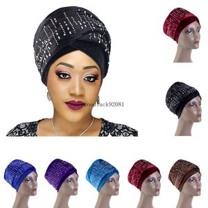 Nieuwe Plain Fluwelen Hijab Tulband Cap Moslim Lange Staart Hoofddoek Hoed Islamitische Onder Sjaal Diamanten Motorkap Afrikaanse Wrap Hoofd sjaals