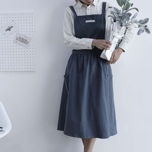 Jupe plissée Tablier en lin de coton Femmes Cuisine Tablier de cuisine Uniforme de travail et magasin de fleurs pour femme robe longue blouses Y200103