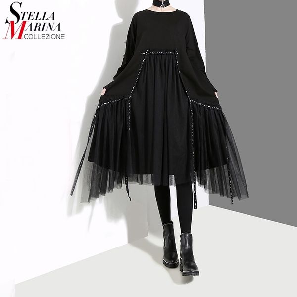 Nouveau Plus Taille Style coréen Femmes Automne Hiver Noir Robe ample à manches longues Mesh Overlay Lady Casual Robe Midi Robe 4564 201029