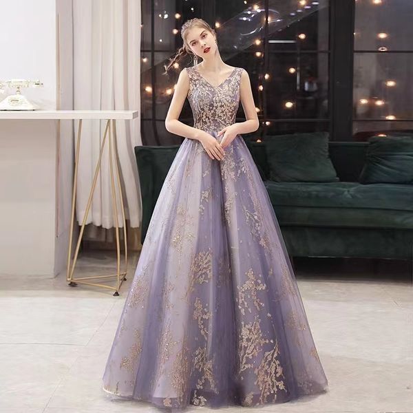 Nouvelle taille PUPLE PUREPLE SCIRINGLINK ROBES Prom Long Lace Up Sexy Blinging Gold Purple Night Elegant V Coun Tail Party Robes Femme Femme Robe formelle 403