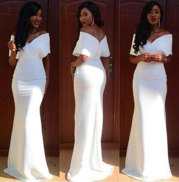 Nuevo talla grande Mermaid White Night Dreses 2017 Sexy V Neck Off Shoulder Satin Aso Ebi Style African Cheap Prom Vestidos 4403385933
