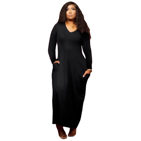 nouvelle grande taille femmes robe maxi 3X 4XL 5XL jupes décontractées à manches longues automne hiver extensible solide col en V robes de soirée plus grandes tailles longueur au sol jupe noire vente en gros 5738