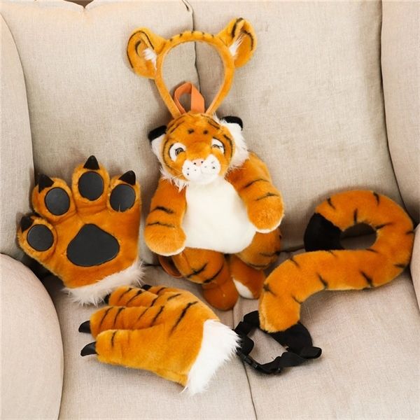 Nouveau peluche tigre / dinosaure / léopard / lion patte griffe gants complets cheveux cerceau queue nouveauté cosplay Halloween fête costume cadeau pour enfants Q0727