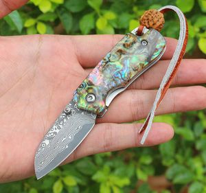 NIEUW POCKE VOOKMESS VG10 DAMASCUS STALEN BLADE ABALONE SHELLEN RAAMLOSS STAALHAND EDC MINI Kleine geschenkmessen met nylon tas