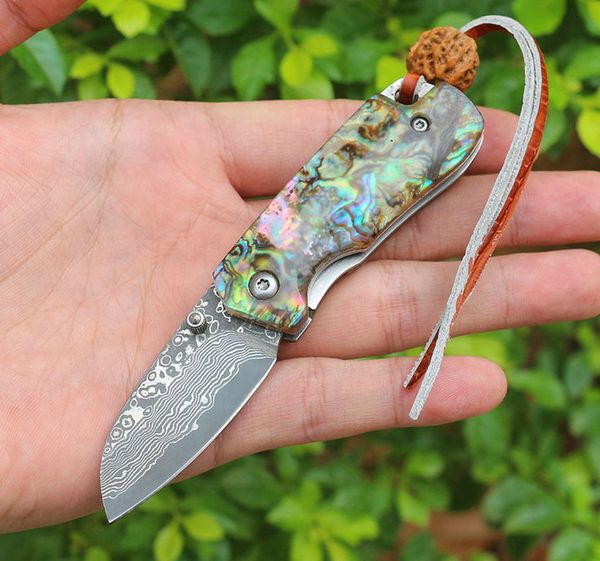 Nuevo cuchillo plegable de bolsillo VG10 Hoja de acero de Damasco Concha de abulón Mango de acero inoxidable EDC Mini pequeños cuchillos de regalo con bolsa de nailon