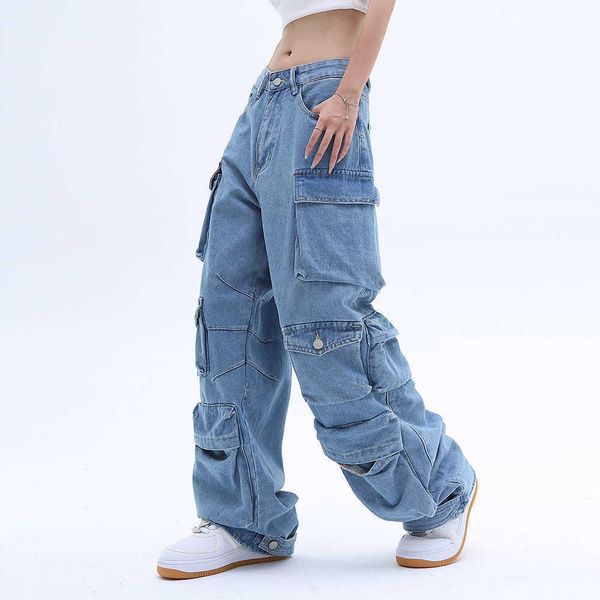 Nouvelle poche couleur unie salopette jean femme Y2K rue rétro ample jambe large salopette Couple décontracté Joker vadrouille jean pantalon femmes