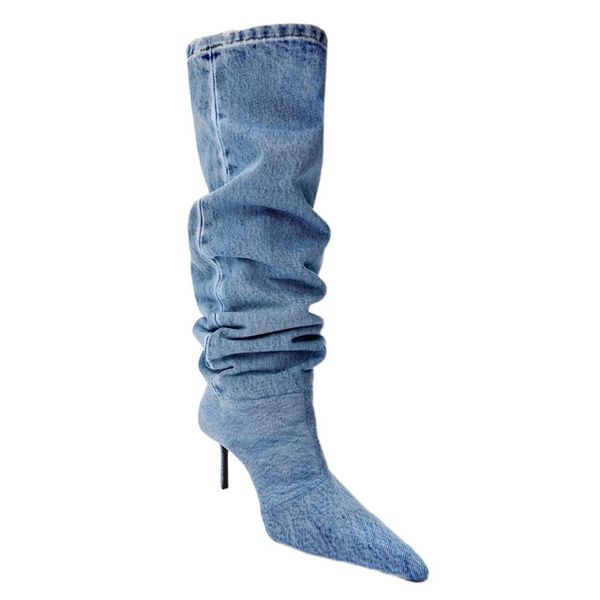 Nouveau bout pointu Denim Pile bottes Stiletto bottes femmes genou haut sans lacet chaussures pour femme