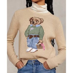 Nueva camiseta polos con bordado de osito, mezcla de algodón, punto, jersey de cuello redondo para mujer, suéter, Top de moda versátil