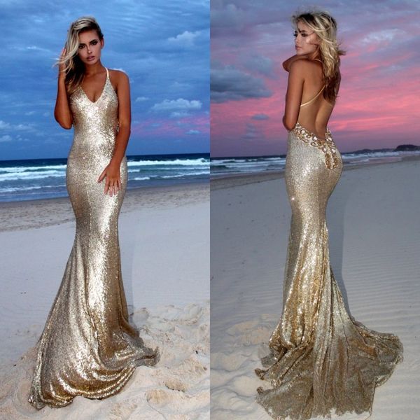 Nouveau populaire 2017 robes à paillettes d'or tenue de soirée sexy licou croisé dos perlé longue plage formelle robe de soirée de bal EN9167