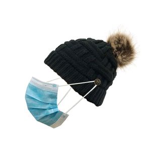 Gorro de bola de lana desmontable hecho a mano para mujer, gorras con botones para máscara, a la venta