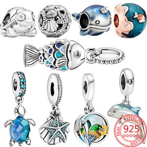 Nuevo Popular 925 plata esterlina azul esmalte escala pescado suspensión encanto marca serpiente pulsera DIY verano pulsera marina regalo 1