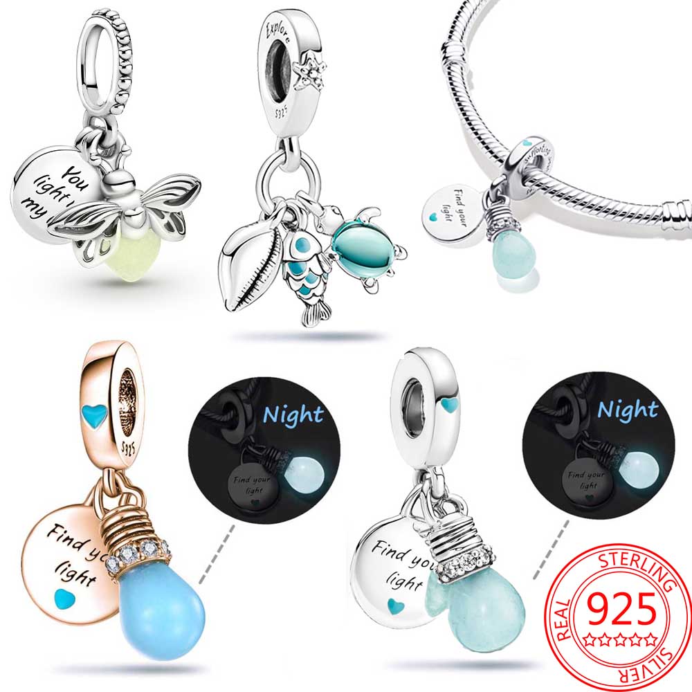 Nowy popularny 925 Sterling Silver Charm świecąca żarówka podwójny urok dla oryginalnej klasycznej bransoletki DIY damska biżuteria akcesoria mody prezent