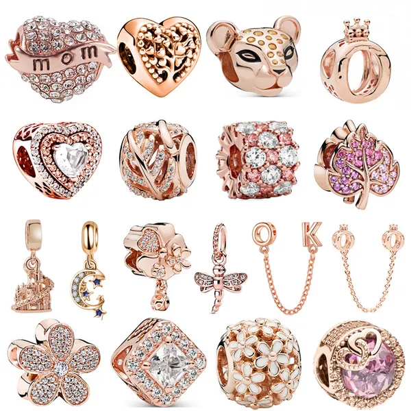 Nouveau Populaire 925 Sterling Silver European Rose Gold Arbre Généalogique Château Corolle Sécurité Chaîne Perles pour Original Pandora Charme Bracelet En Argent DIY Bijoux