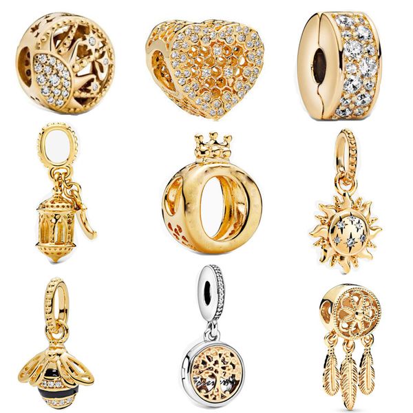 Nouveau Populaire 925 Sterling Silver Gold Lantern Soleil Pendentif Abeille Famille Forever Clip Perles Pour Pandora Mode Charme Perle Bracelet DIY Bijoux