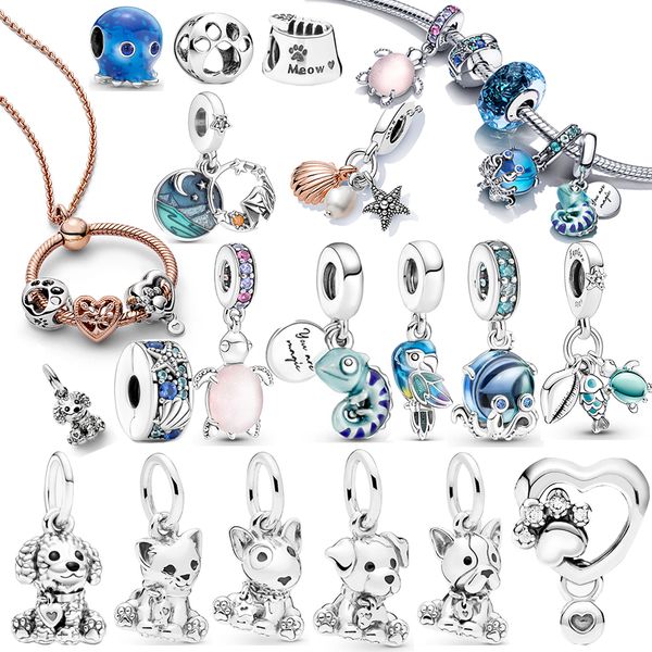 Nouveau populaire en argent sterling 925 mon chat bleu mer émail Hi Kitty Dangle Charm Fit Original Pandora Bracelet Fine Jewelry