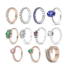 Nieuwe Populaire 925 Sterling Zilver Pandora Rose Goud Kerst Ring Groen Blauw Juweel Ring Geschikt voor Dames Sieraden Mode Accessoires Productie