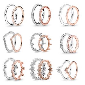 Nuevo Popular 925 Anillos chapados en plata esterlina Nudo de lazo brillante Anillos apilables Zirconia cúbica Mujeres Hombres Regalos Pandora Joyería Especiales