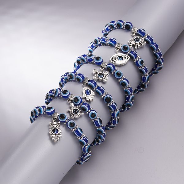Nouveau populaire Antique argent plaqué tortue Bracelet à breloques bleu mauvais œil perles brins Bracelets bijoux pour la vente en gros