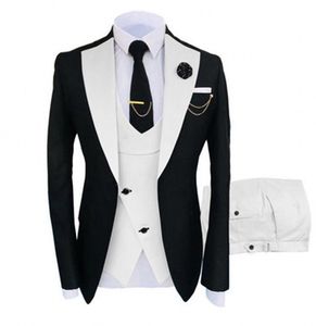 Nouveau Populaire Noir 3 Pièce Costume Hommes Smokings De Mariage Blanc Notch Lapel Slim Fit Marié Smokings Hommes Dîner De Bal Blazer Veste Pantalon Cravate Gilet 776