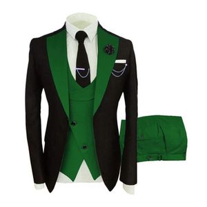 Nouveau populaire noir 3 pièces costume hommes mariage smokings vert revers cranté Slim Fit marié smokings hommes dîner bal Blazer (veste + pantalon + cravate + gilet) 776
