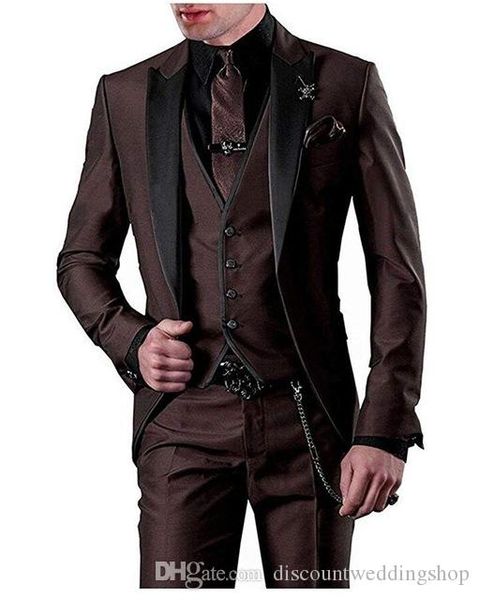 Nouveau populaire brun chocolat marié Tuxedos Peak revers hommes fête de mariage garçons d'honneur 3 pièces costumes (veste + pantalon + gilet + cravate) K79