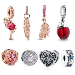 Nouveau populaire véritable 925 argent sterling à plumes flamant rose pendentif perles pour bracelet à breloques Pandora bijoux originaux pour femmes, boîte Pandora gratuite