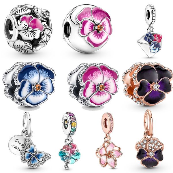 Nouveau populaire véritable 925 Sterling Silver Flower Series Viola Tricolor Pendentif Perles pour Pandora Charm Bracelet Original Bijoux pour Femmes, Pandora Box Gratuite