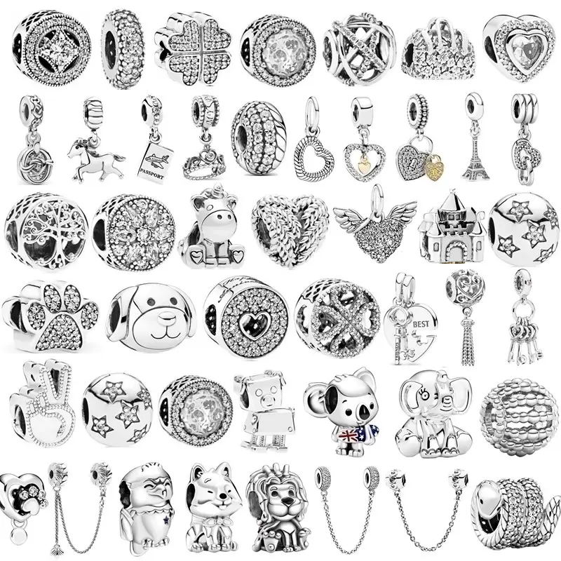 Neue beliebte echte 925 Sterling Silber Silber Feder Löwe Sicherheitskette Krone Flügel Anhänger Perlen für Pandora Charm Armband DIY Original Schmuck für Frauen