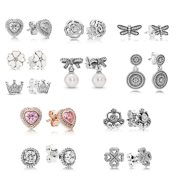 Nouveau populaire de haute qualité en argent sterling 925 brillant couronne coeur CZ exquis Pandora boucles d'oreilles pour les femmes Saint Valentin bijoux de noël cadeaux offre spéciale