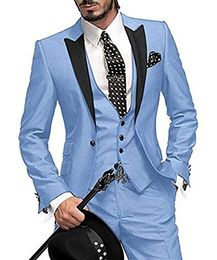 Nieuwe Populaire One Button Blue Groom Tuxedos Peak Revers Mannen Bruiloft GroomsMen 3 Stuks Past (Jas + Broek + Vest + Tie) K88