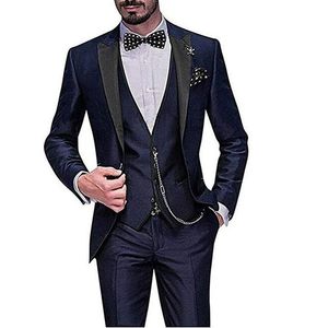 Nieuwe Populaire One Button Navy Blue Bruidegom Tuxedos Peak Revers Mannen Huwelijksfeest GroomsMen 3 Stuks Suits (jas + Broek + Vest + Tie) K78