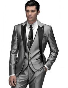 Nouveau populaire un bouton brillant argent gris marié Tuxedos pic revers hommes fête de mariage garçons d'honneur 3 pièces costumes (veste + pantalon + gilet + cravate) K89