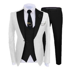 NIEUW POPULAIRE WIT 3 -delige pak Men Wedding Tuxedos Black Notch Rapel Slim Fit bruidegom Tuxedos Men Diner Prom Blazer Jacket broek Tie Vest 780