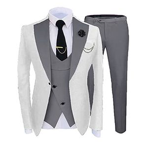 NIEUW POPULAIR WIT 3 -delige pak Men Wedding Tuxedos Gray Notch Rapel Slim Fit bruidegom Tuxedos Men Dinner Prom Blazer Jacket broek Tie Vest 782