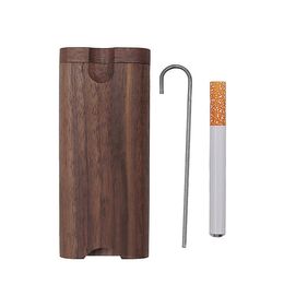 Nieuwe draagbare zwarte walnoot houten sigarettendoos houten sleufdoos natuurlijke handgemaakte houten metalen reinigingshaak tabak rokende pijpen