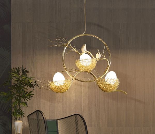 NUEVO Post Modern Handwork Oro Aluminio Acero Nido de pájaro Lámpara colgante Luz nórdica Plata Alu Alambre Cristal blanco Huevo Luz de suspensión MYY