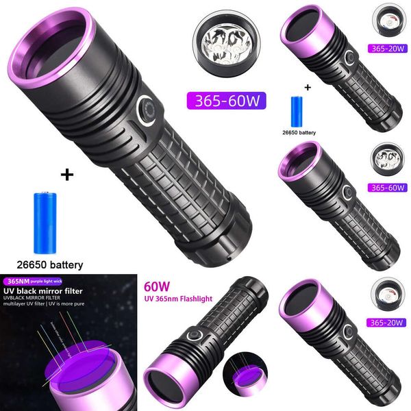 Nouveau puissant 365 nm lampe de poche UV Miroir noir Purple Light 60W Fluorescent Oil Pollution Détection Torche Rechargeable 26650 LANTER
