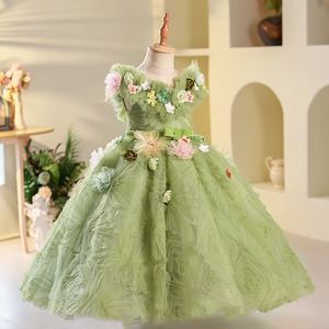 Nieuw Pretty 2023 Princess Flower Girl Es voor bruiloft baljurk 3d bloemen Appliqued peuter Pageant -jurken vloer lengte plffy tuLle kinderen prom eerste communie s s