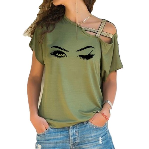 Nouveau cils assez gros yeux pour fille T-shirt à manches courtes femmes d'été Hauts Casual Irrégulier obliquité Lacet T-shirt T200614