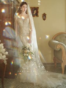 Nieuwe prinses glanzende jurk Trouwjurk Kant Parels Kralen Zeemeermin Gelaagde Ruches Robe De Soiree Turkse Couture Dubai Abendkleider Bruidsjurken Sexy Bruidsjurken