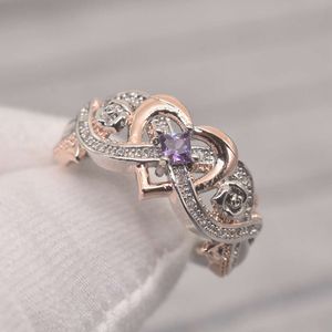 Nouveau Bague princesse carrée en diamant avec forme d'amour en or Rose et Zircon bicolore