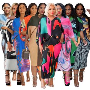 Nieuwe Print Geplooide Jurken Zomer Vrouwen Mooie Lantaarn Batwing Mouw V-hals Losse Jurk Mode Chic Elegante Jurk Feestkleding vestidos Groothandel Kleding 9805