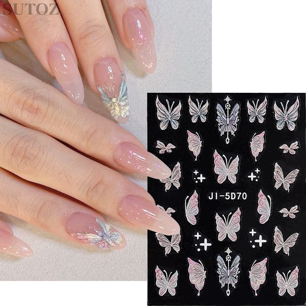 Nouveau processus 5D, Patch stéréoscopique fin et résistant pour ongles, colle arrière, accessoires papillons pêche rose