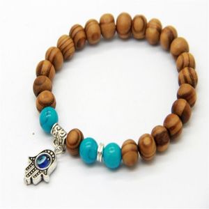 Nieuwe Producten Hele Kwaliteit 8mm Kralen Houten Kralen Fatima Hand Hamsa Goedkope Armbanden Nieuwe OM Yoga Jewelry269D